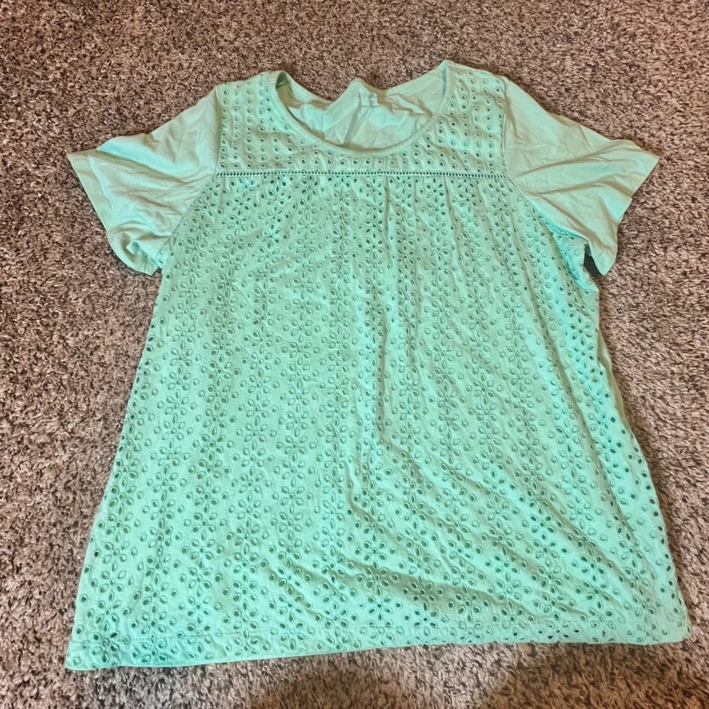 Croft & Barrow Womens 1X Mint Green Eyelet‎ Lace Front Short Sleeve Blouse Top